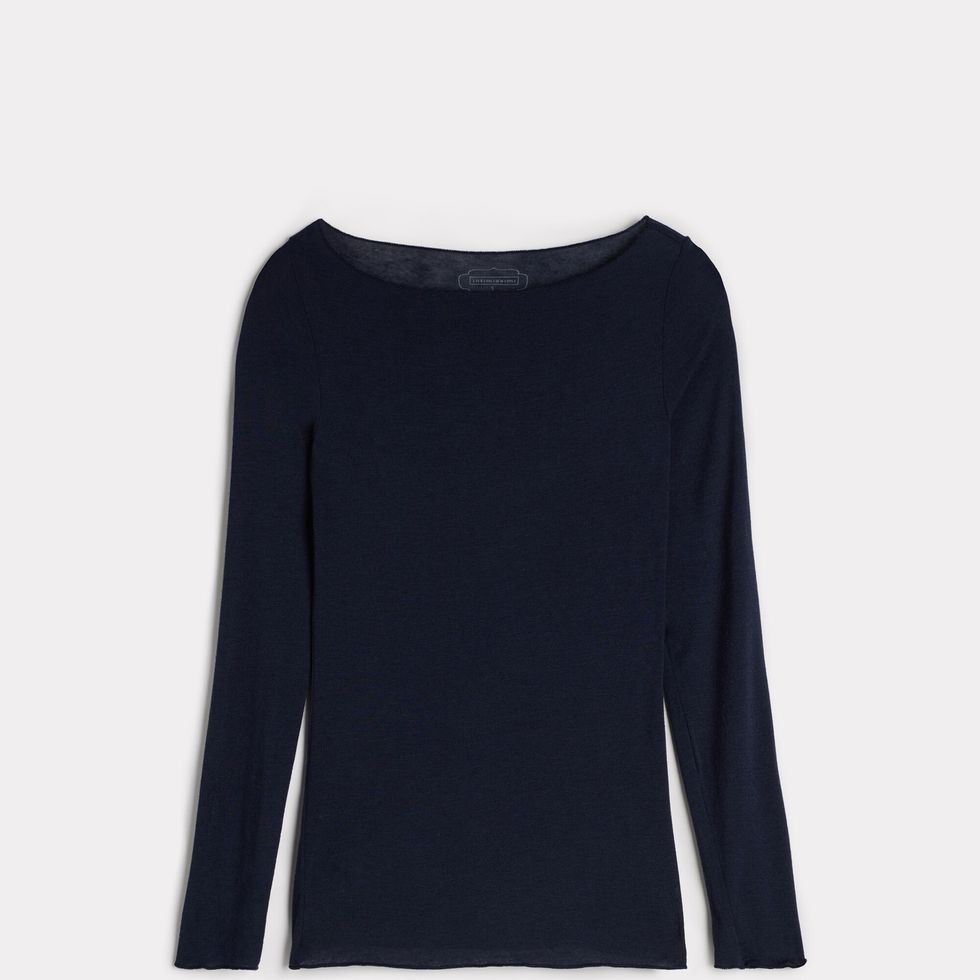 Top bleu marine ultra-léger en cachemire et modal à encolure bateau