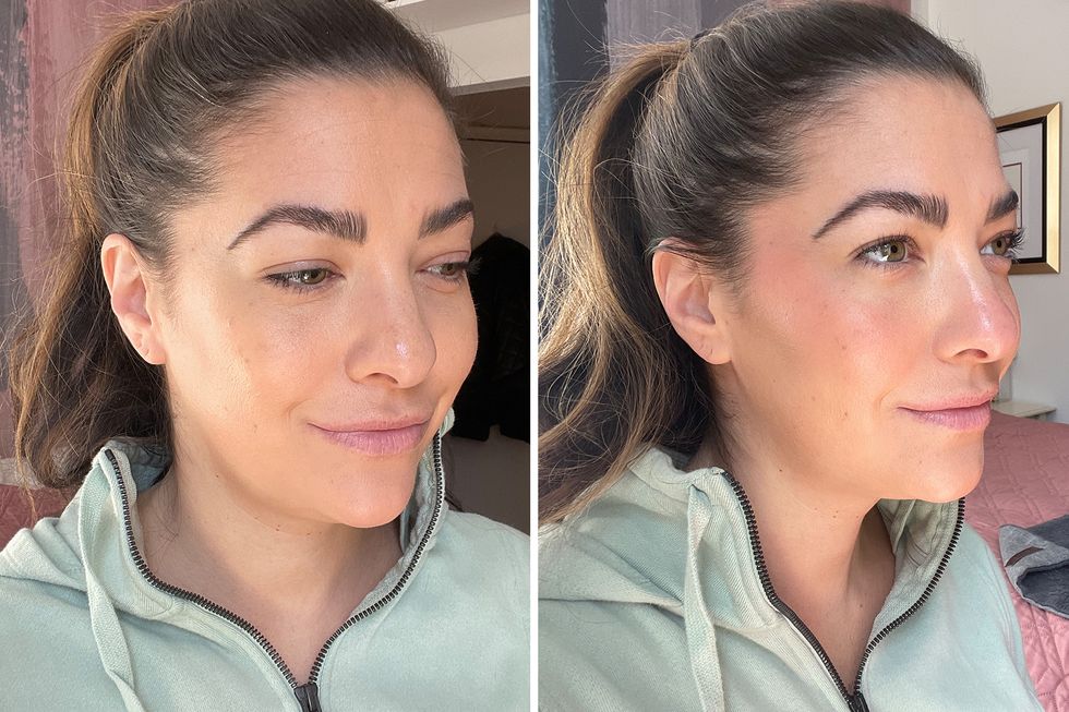 un collage côte à côte de jessica avant et après avoir utilisé le fard à joues de beauté rare dans l'espoir