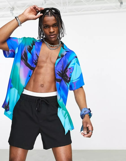 ASOS - Chemise décontractée à col ras-du-cou - Bleu fleuri photographique