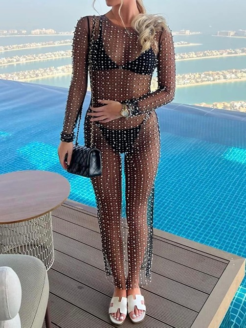 Robe longue perlée transparente en Amazone noire