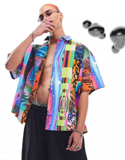 ASOS DESIGN - Chemise oversize carrée à imprimé patchwork lumineux