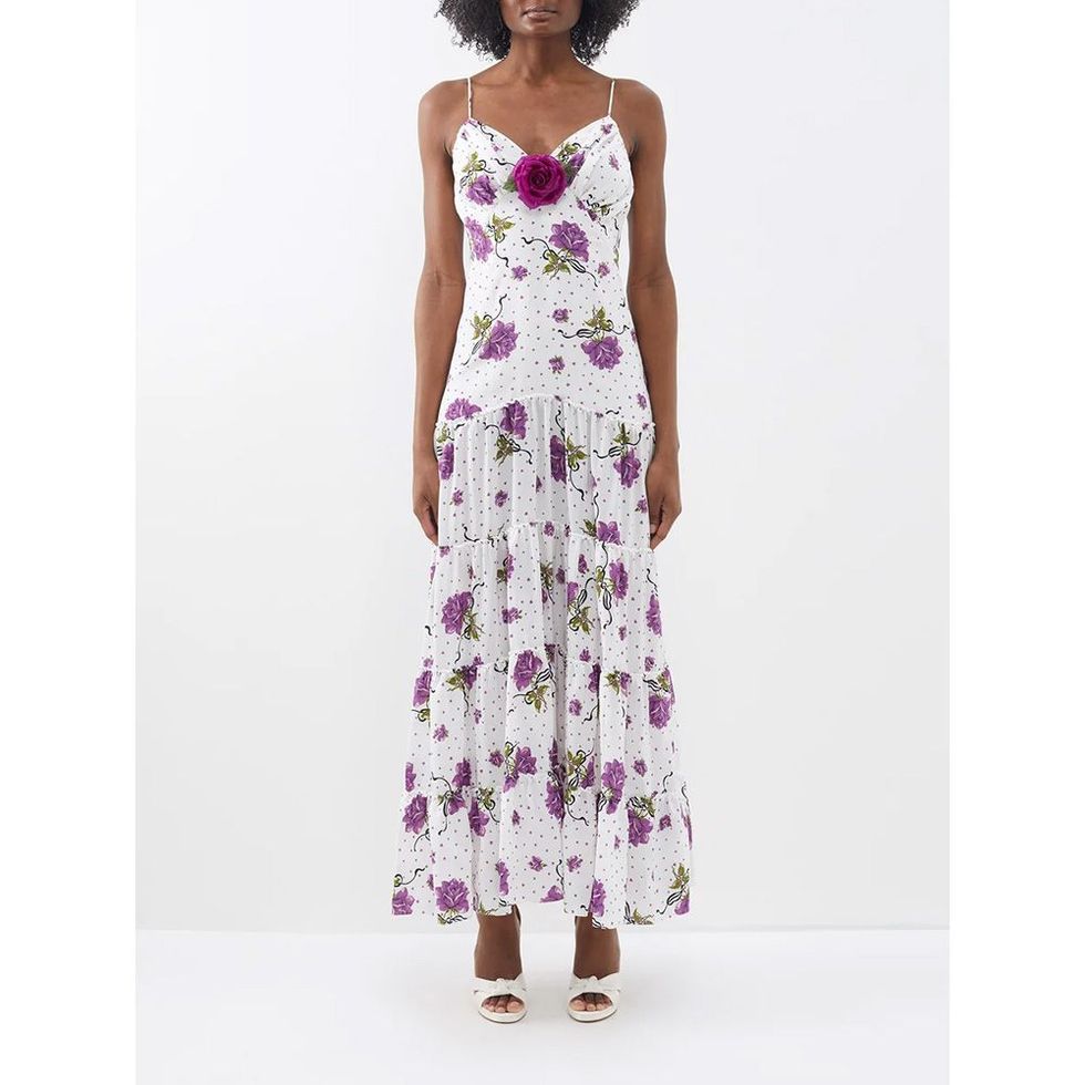 Robe nuisette en soie imprimée à appliqué floral