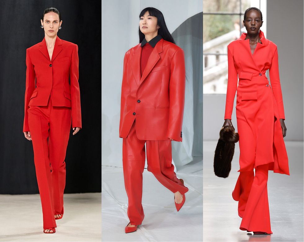 un collage d'une personne en costume rouge