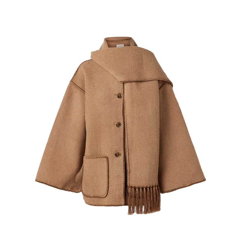 Veste drapée en laine mélangée bouclée à franges