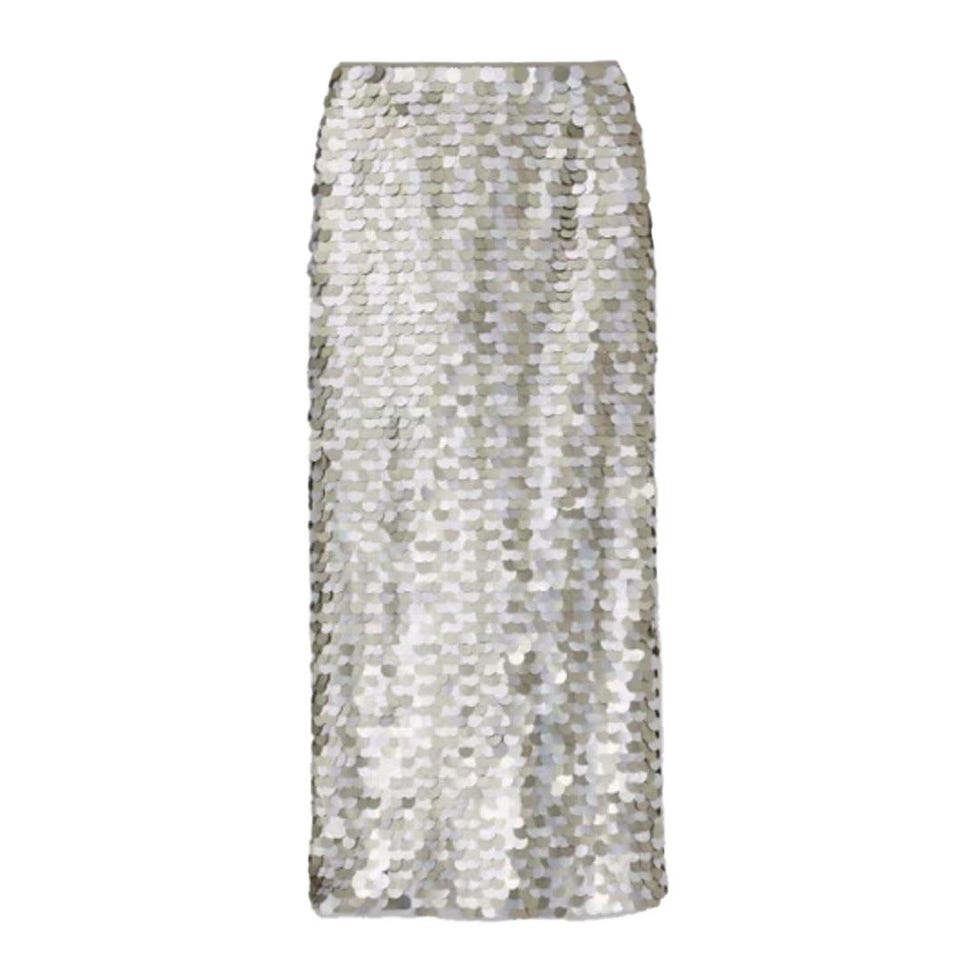 Jupe crayon mi-longue à paillettes placées à la main
