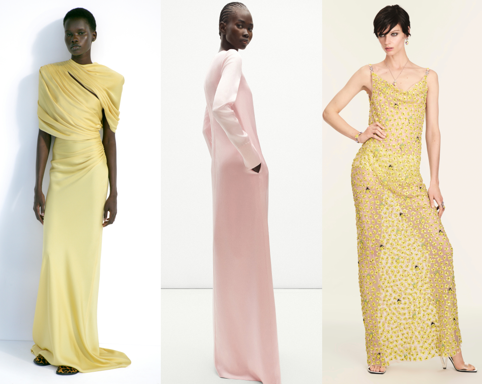 trois robes élégantes affichées sur des modèles présentant différents styles et couleurs