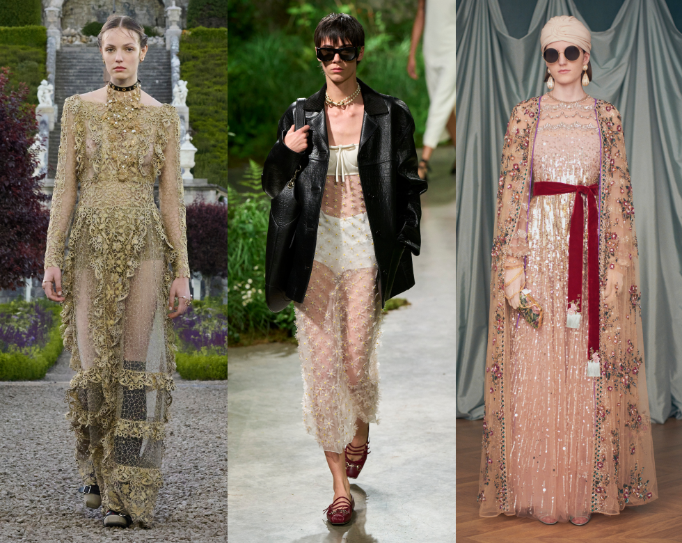 trois mannequins présentant des robes transparentes et ornées