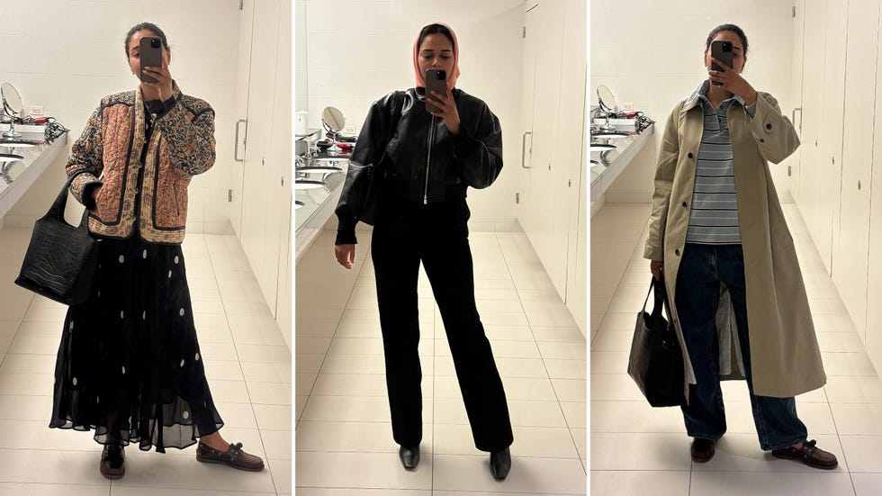 Michella Ore illustré en trois photos côte à côte portant un fourre-tout du système Cuyana