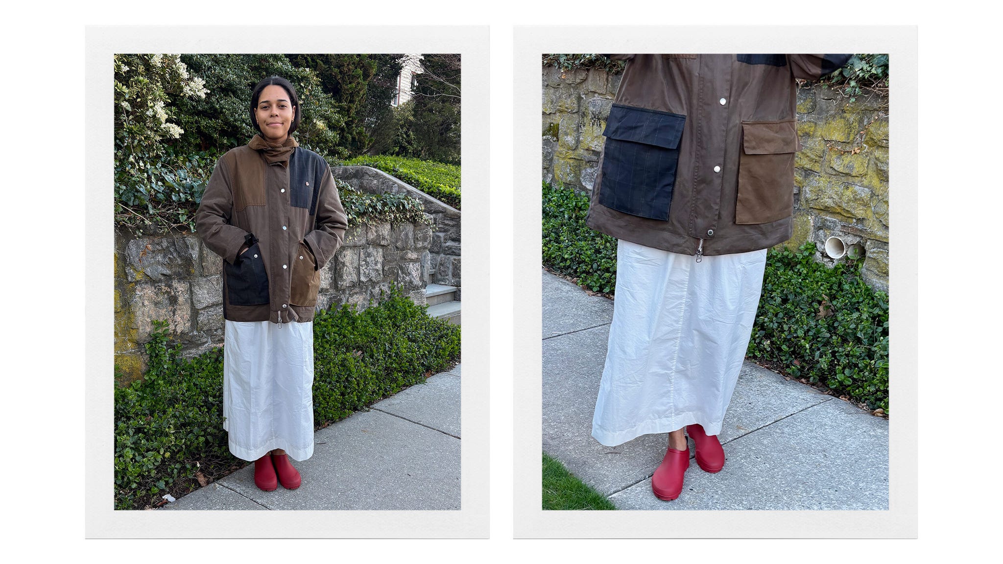 personne portant une veste marron avec des poches jupe blanche et chaussures rouges debout à l'extérieur