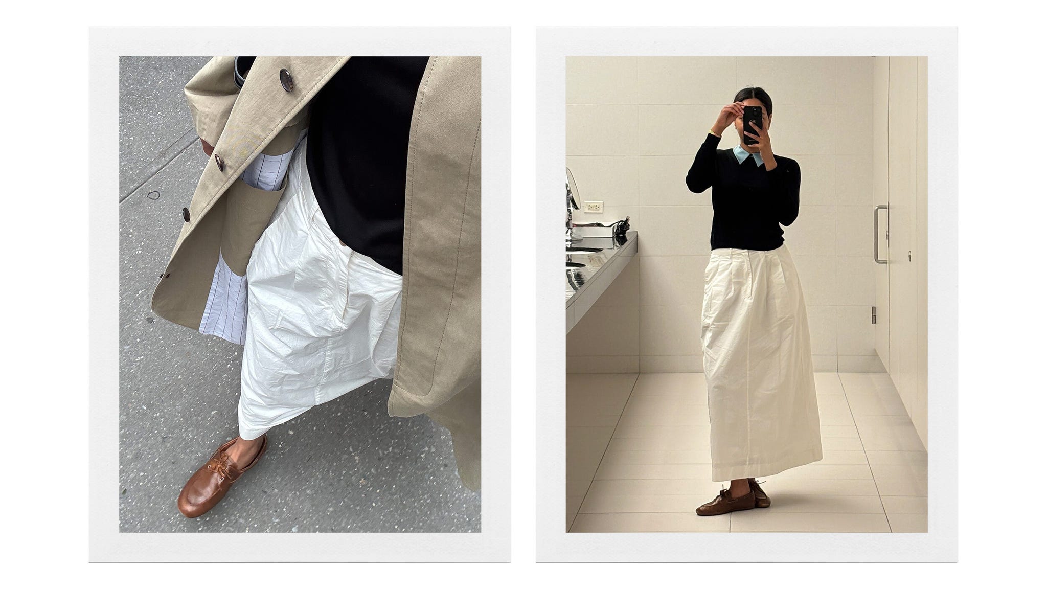 deux tenues de mode avec une longue jupe blanche