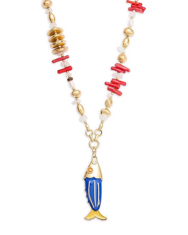 Collier pendentif perlé de poisson bleu