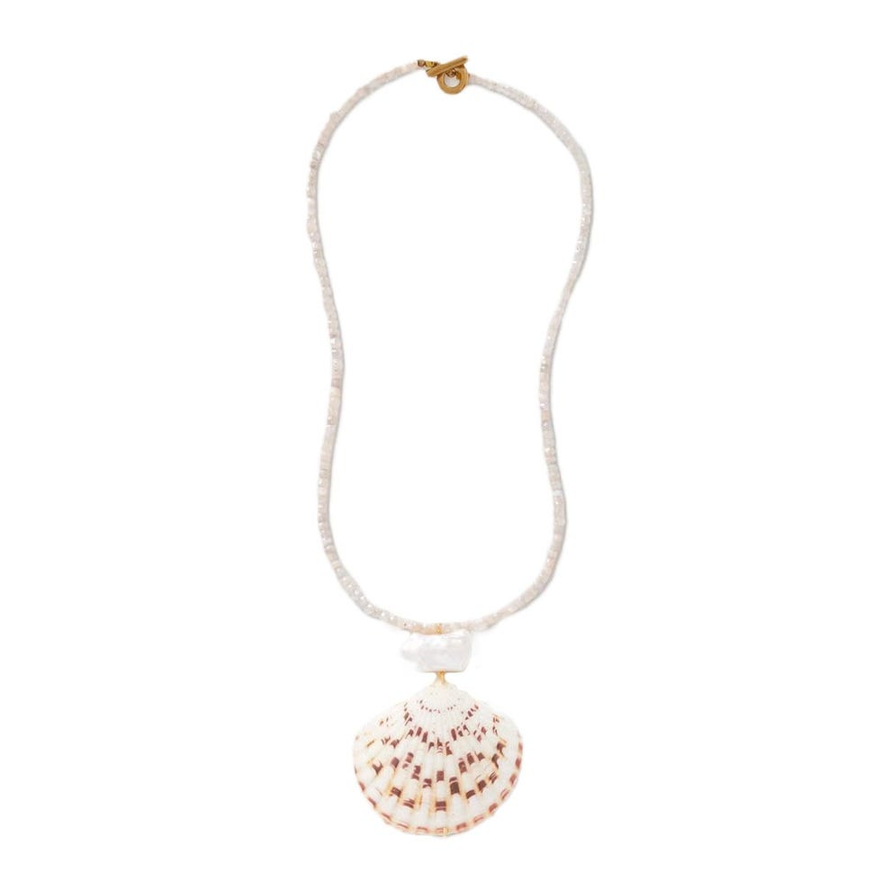 Paradis plaqué or, quartz, perle et collier de coquille