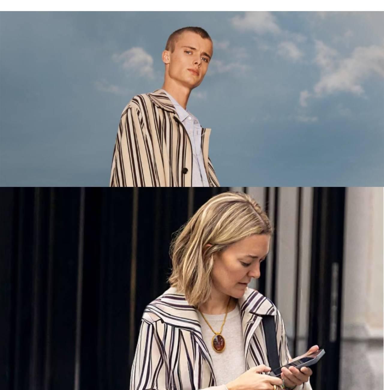 Marta Ortega avec une gabardine rayée de la collection masculine de Zara