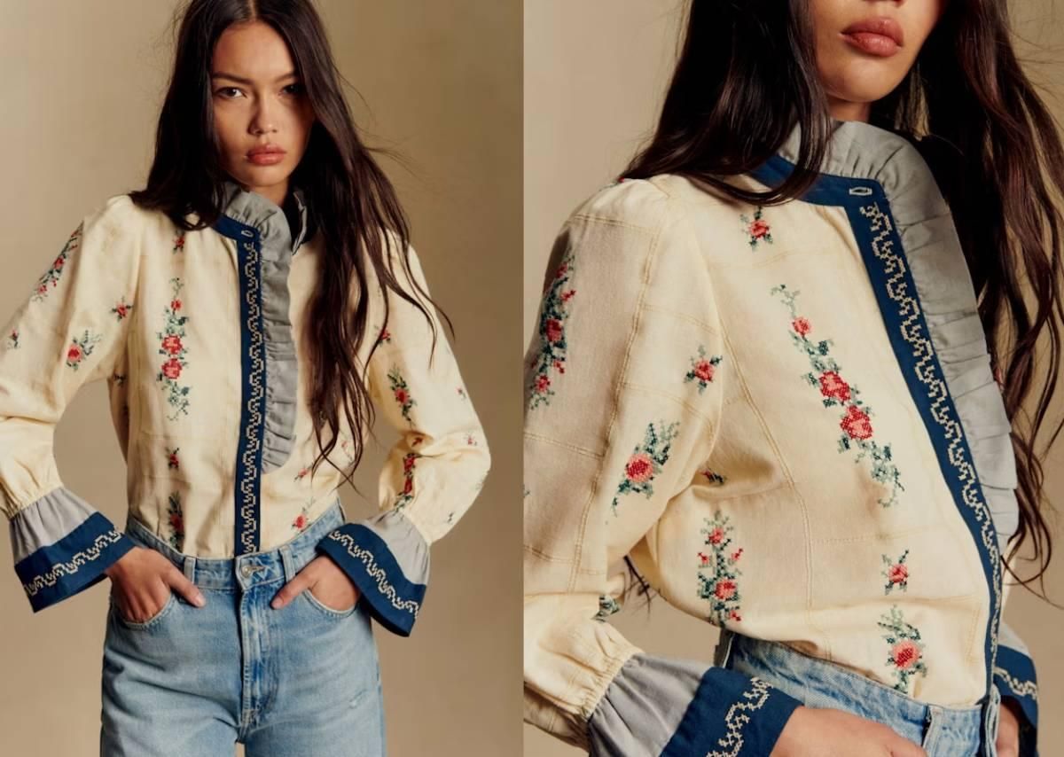 Chemisier brodé et jean, de Sézane