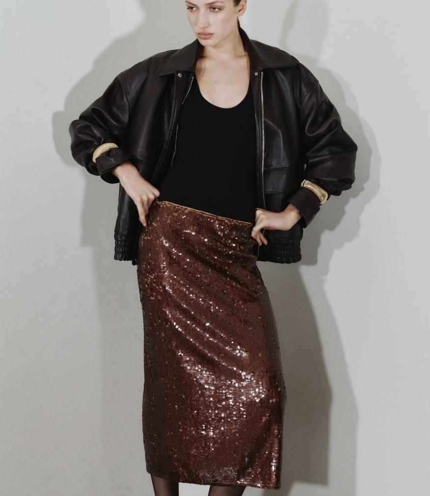 Jupe midi à sequins marron