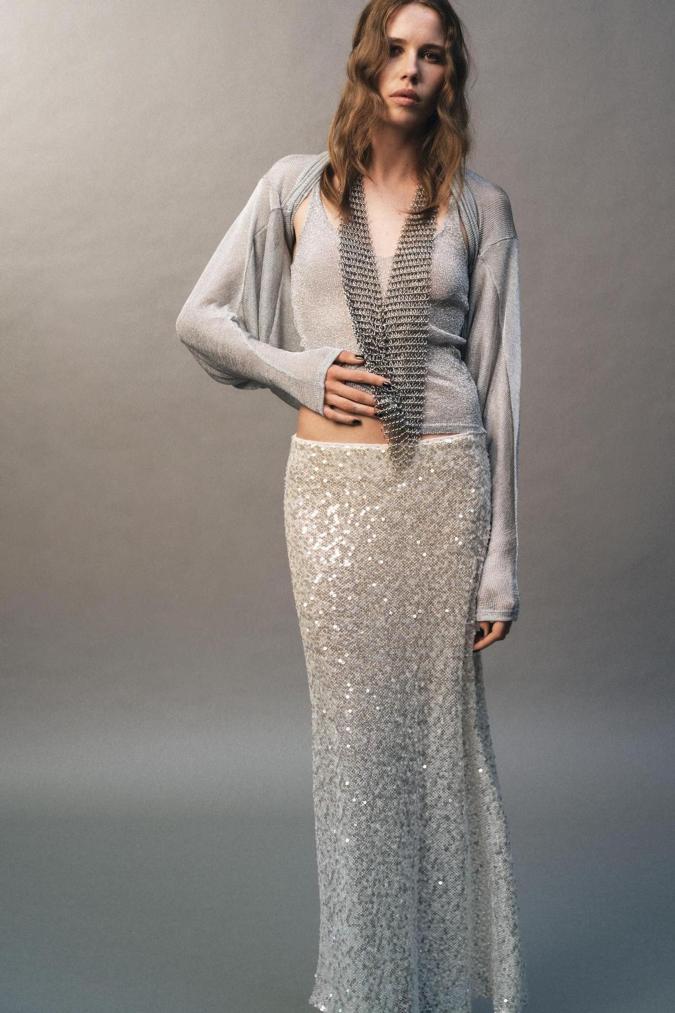 Jupe midi blanche à sequins