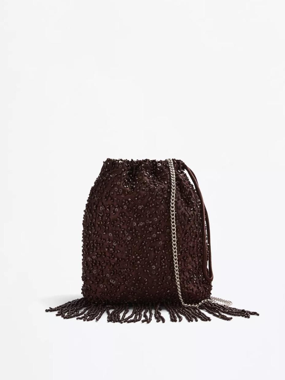 Sac seau à perles marron