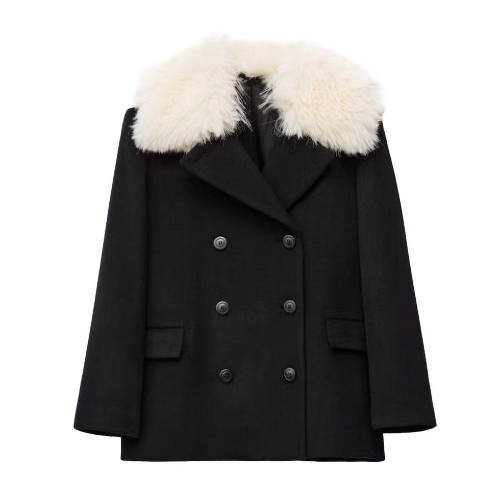 Manteau court en laine à col fourrure