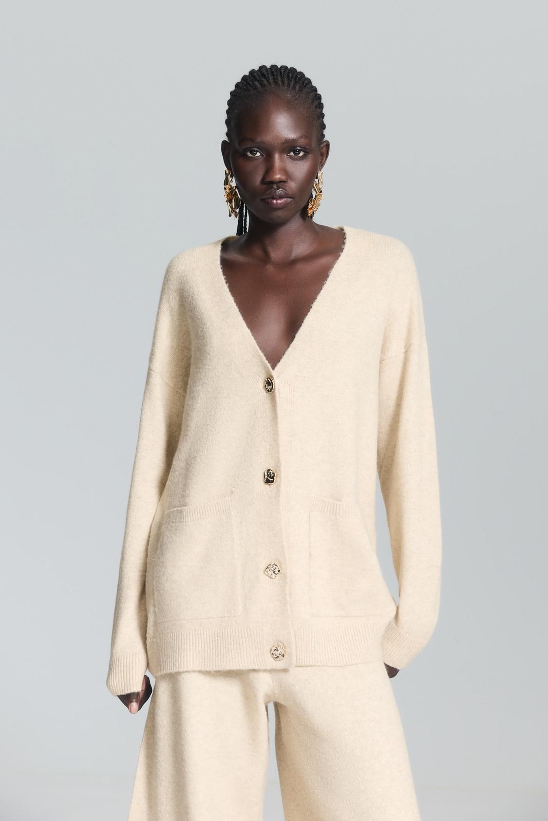 Pull cardigan blanc fil métallisé