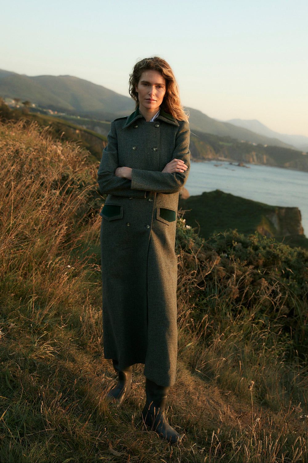 Manteau long en laine à mini carreaux