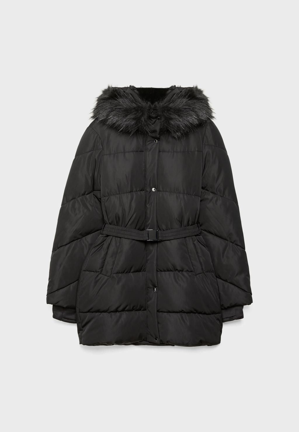 Doudoune noire avec ceinture et capuche en fourrure