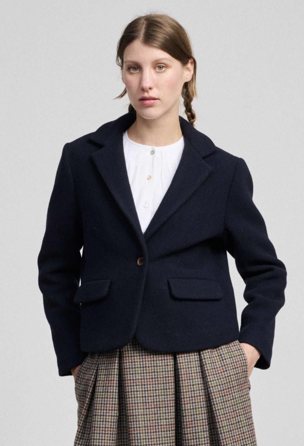 Blazer court en laine bleu