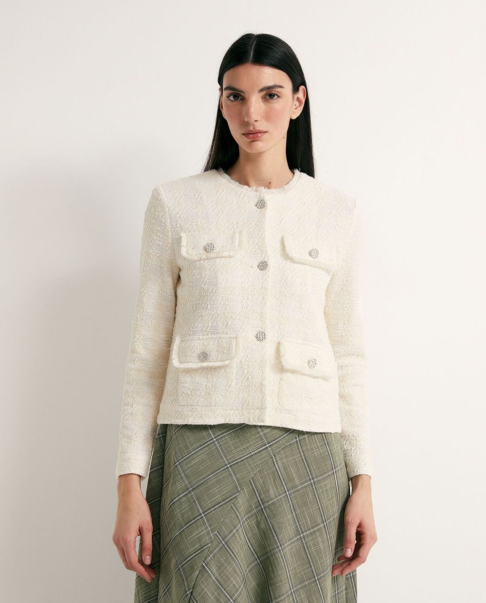 Veste en tweed blanc avec boutons