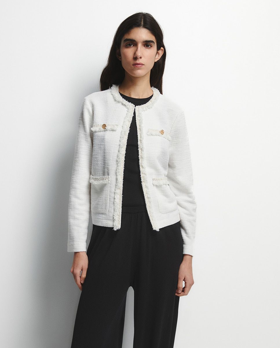 Veste en tweed blanc à franges