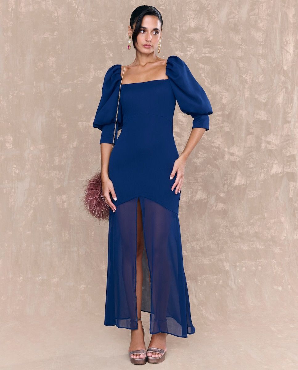Robe midi invité bleue à manches bouffantes