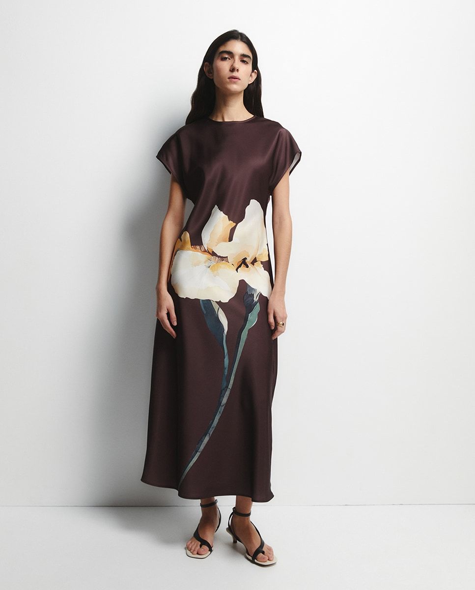 Robe midi en satin imprimé fleurs