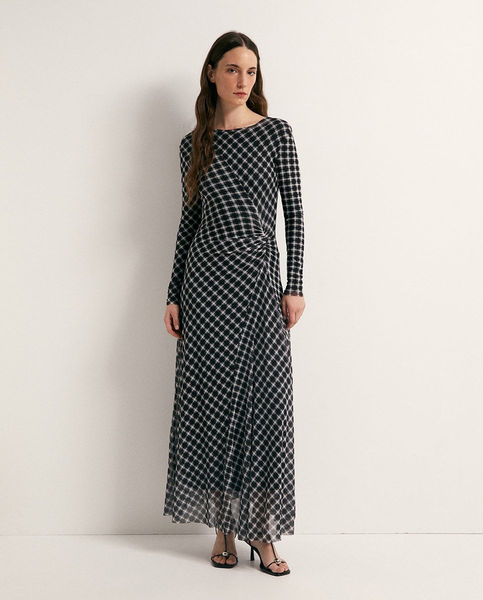 Robe midi en tulle à imprimé carreaux