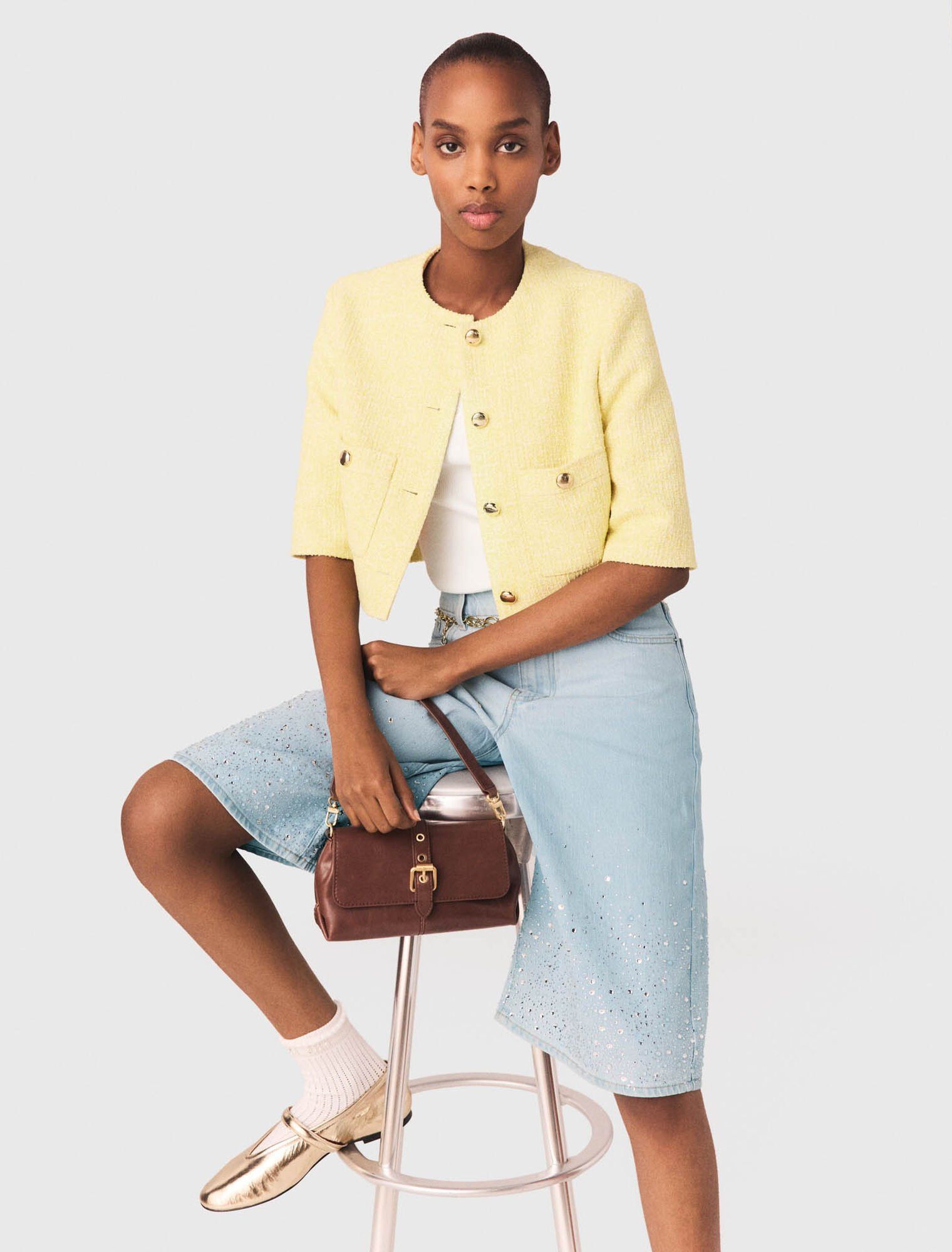 Veste en tweed jaune à manches courtes