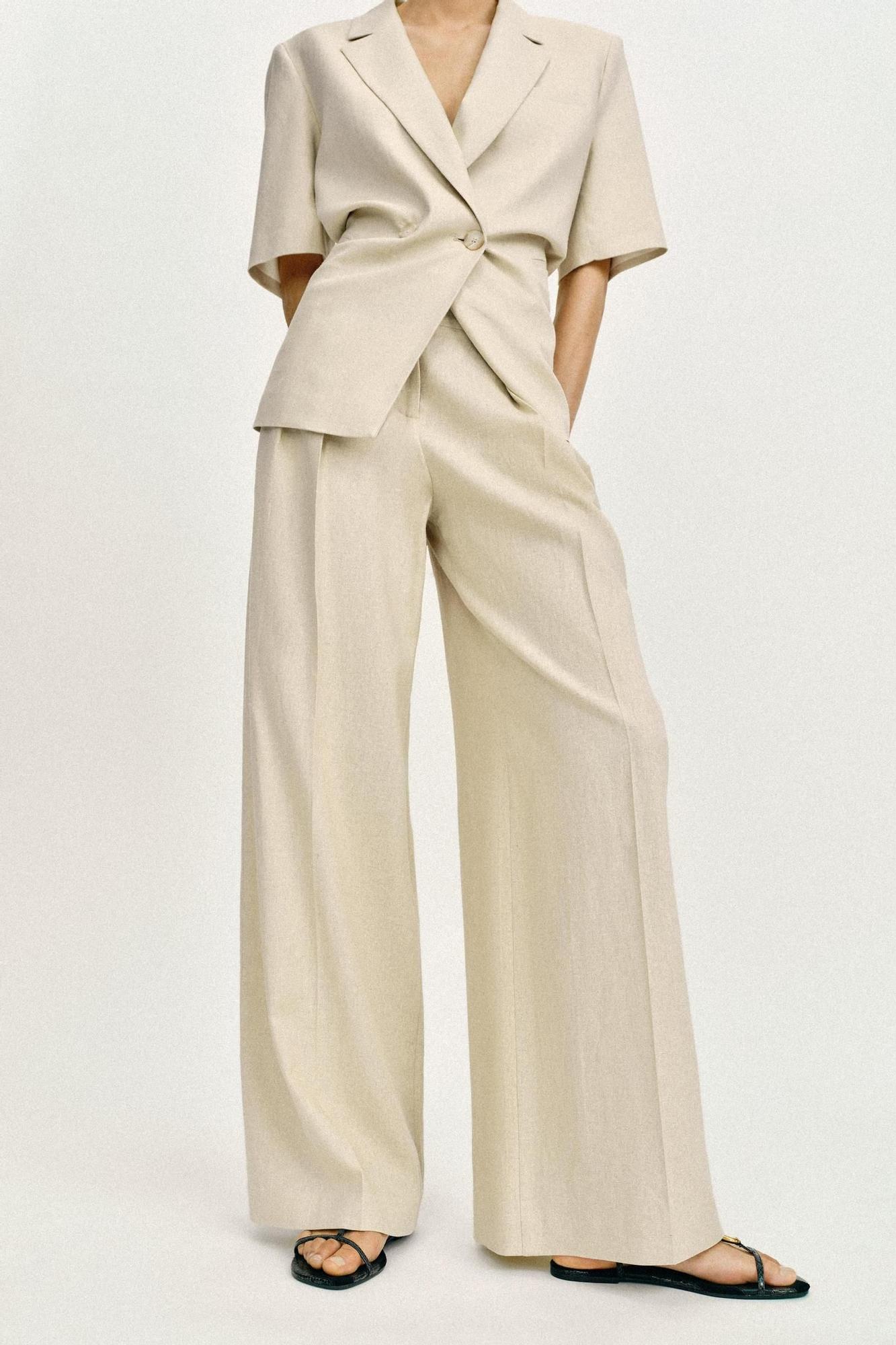 Pantalon large en lin beige