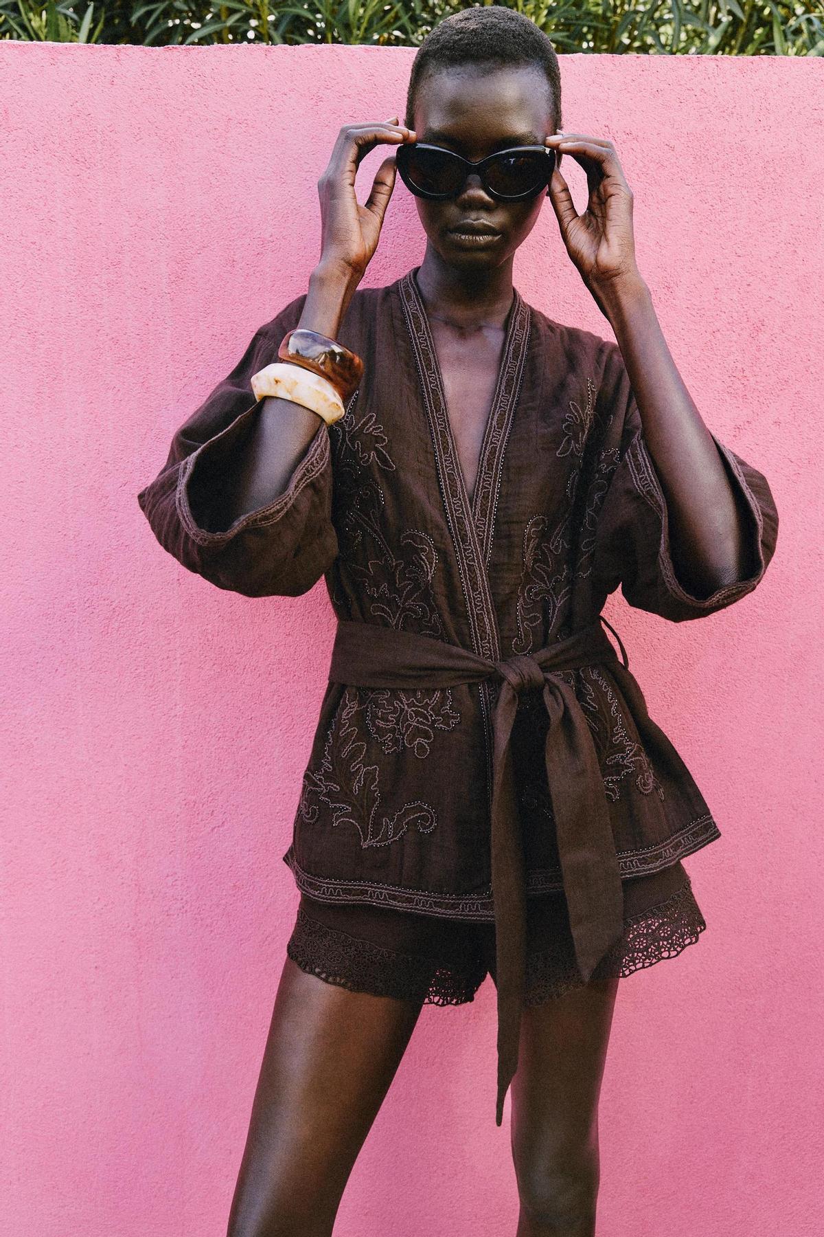 Ensemble kimono et short marron