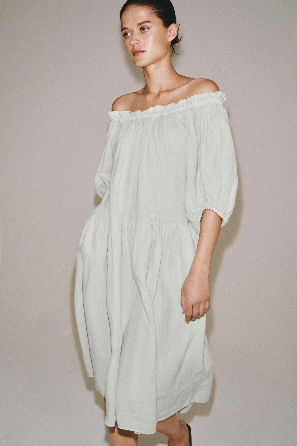 Robe midi en lin à encolure bardot