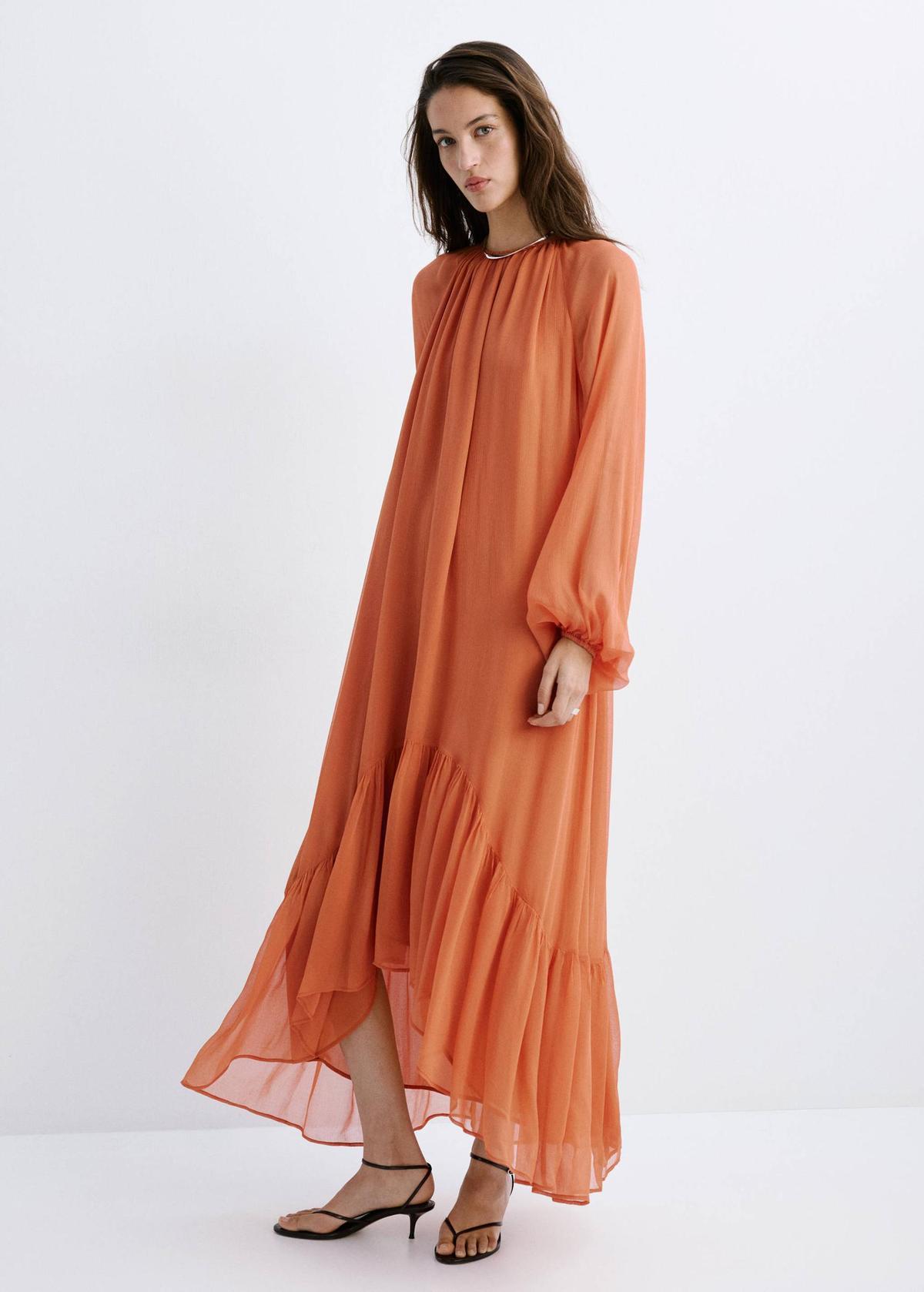 Robe midi fluide orange à volants