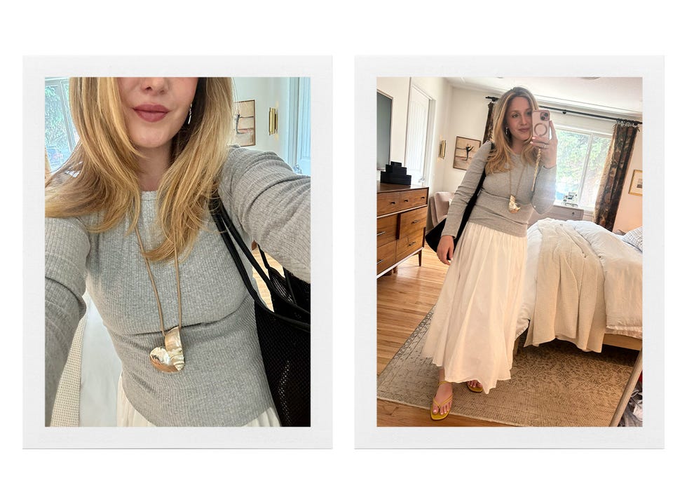 Laura Lajiness Kaupke dans un t-shirt gris en pointelle Gap