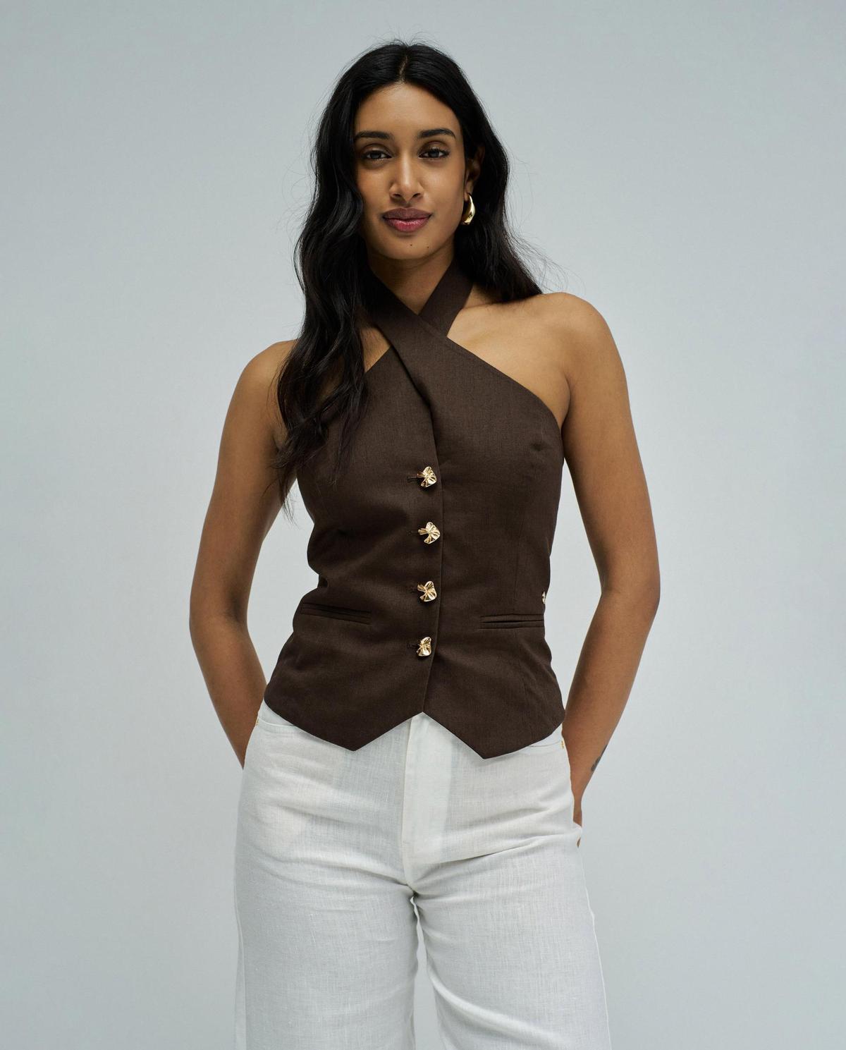 Gilet dos nu en lin marron
