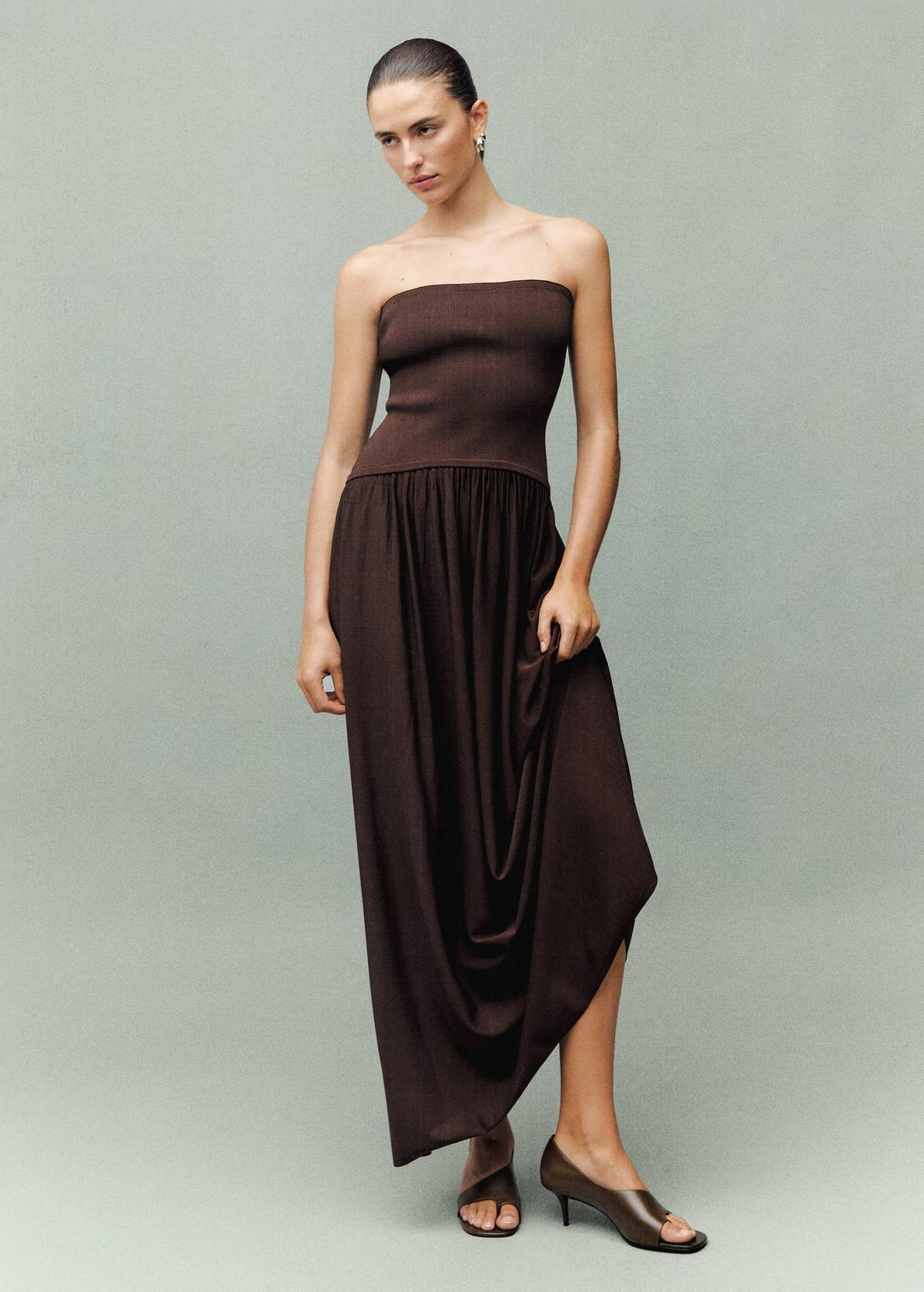 Robe midi décolleté bustier marron chocolat