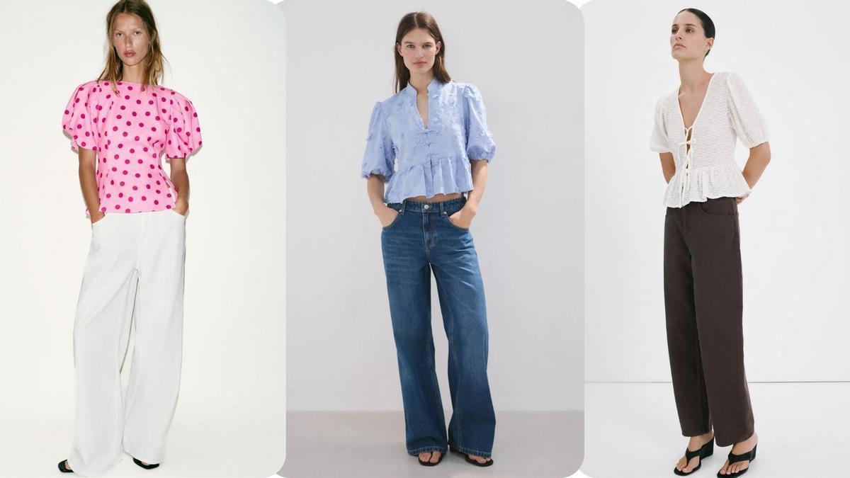 Varias blusas con manga abullonada de Zara y Mango