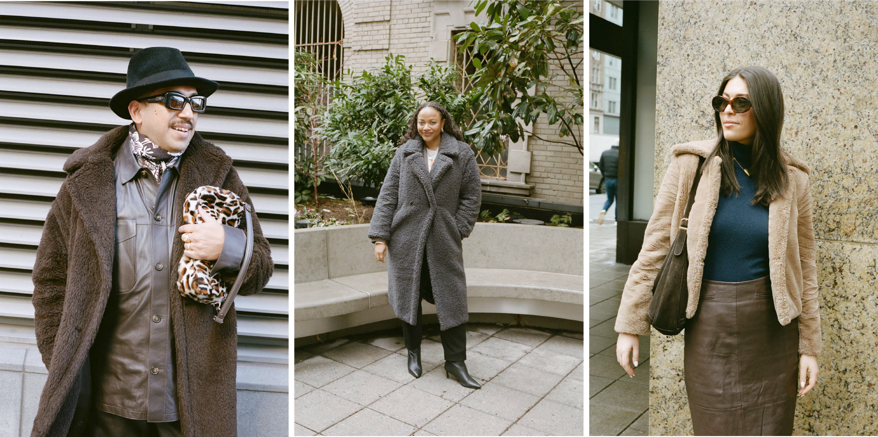 trois personnes présentant la mode hivernale avec des styles de vêtements d'extérieur distincts
