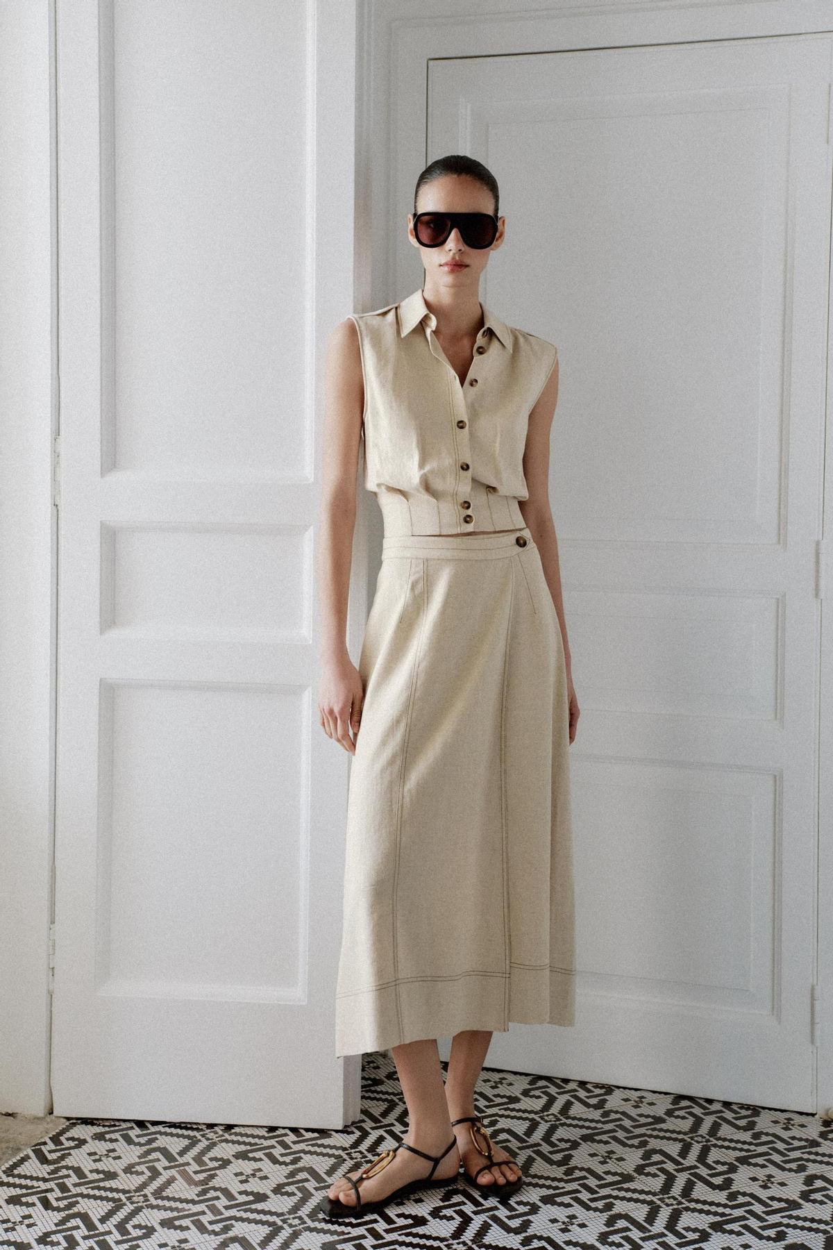 Ensemble gilet et jupe portefeuille en lin