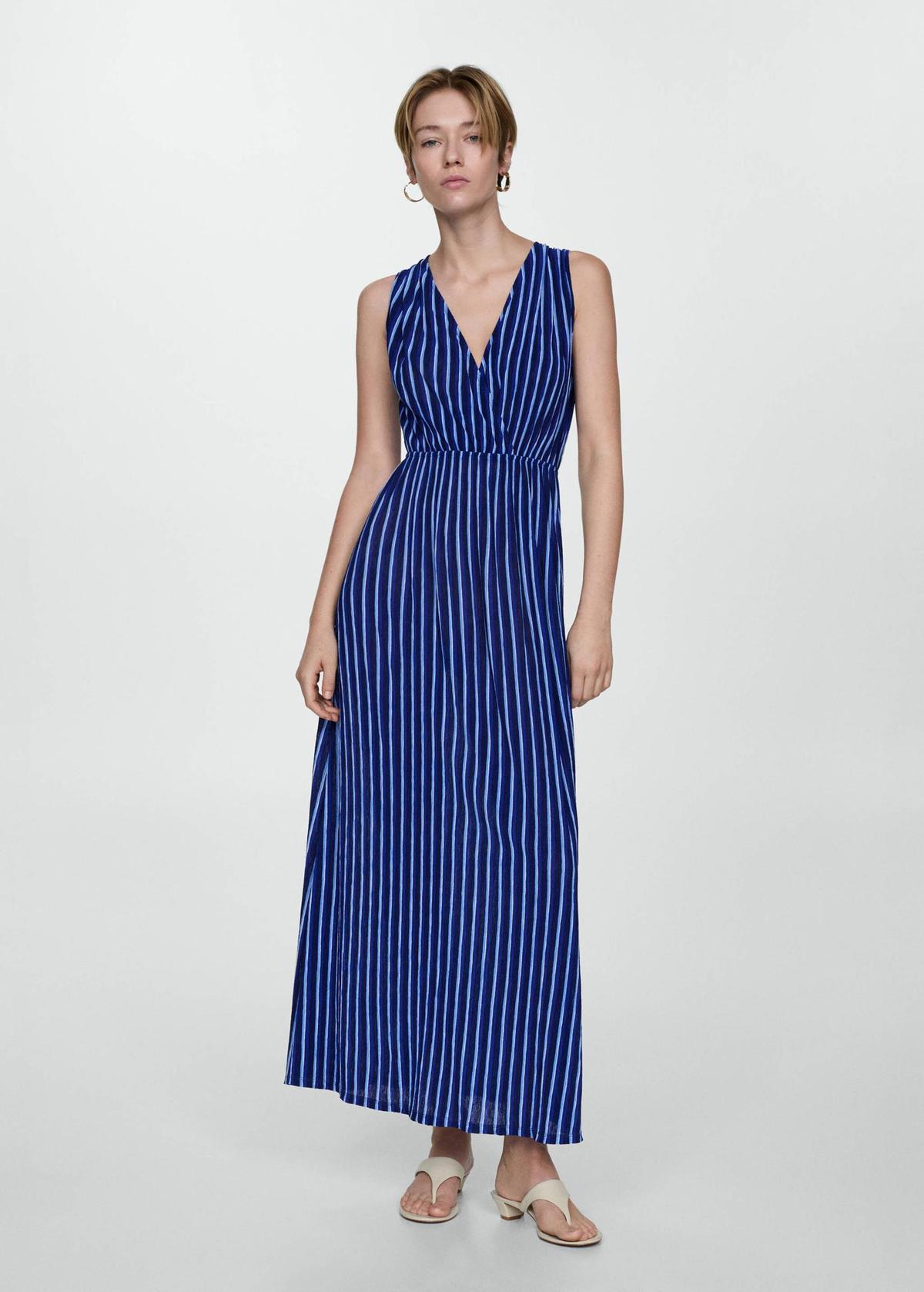 Robe midi imprimée à rayures bleues