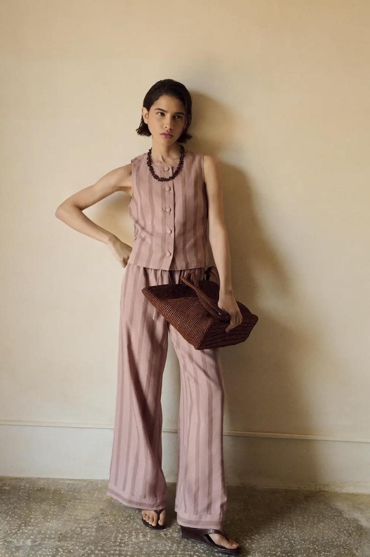 Ensemble imprimé rayé et mélange de lin