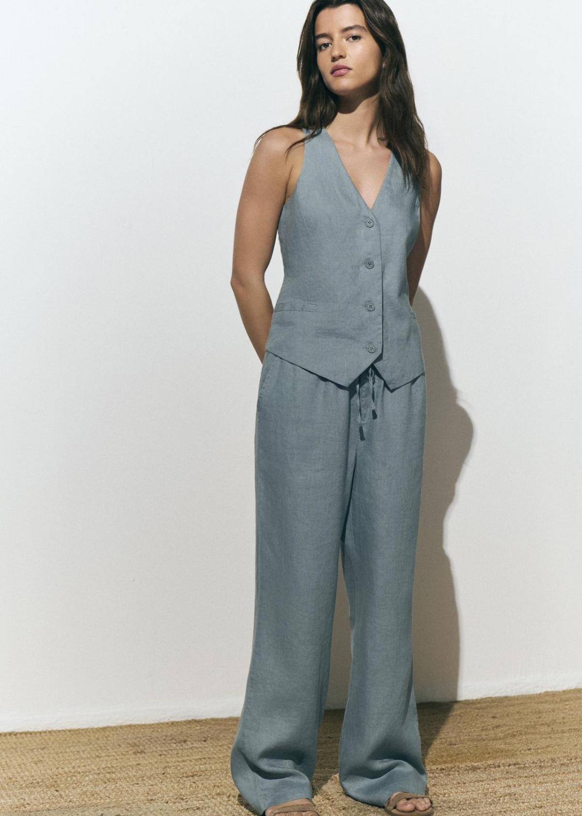 Ensemble gilet uni et pantalon large en lin