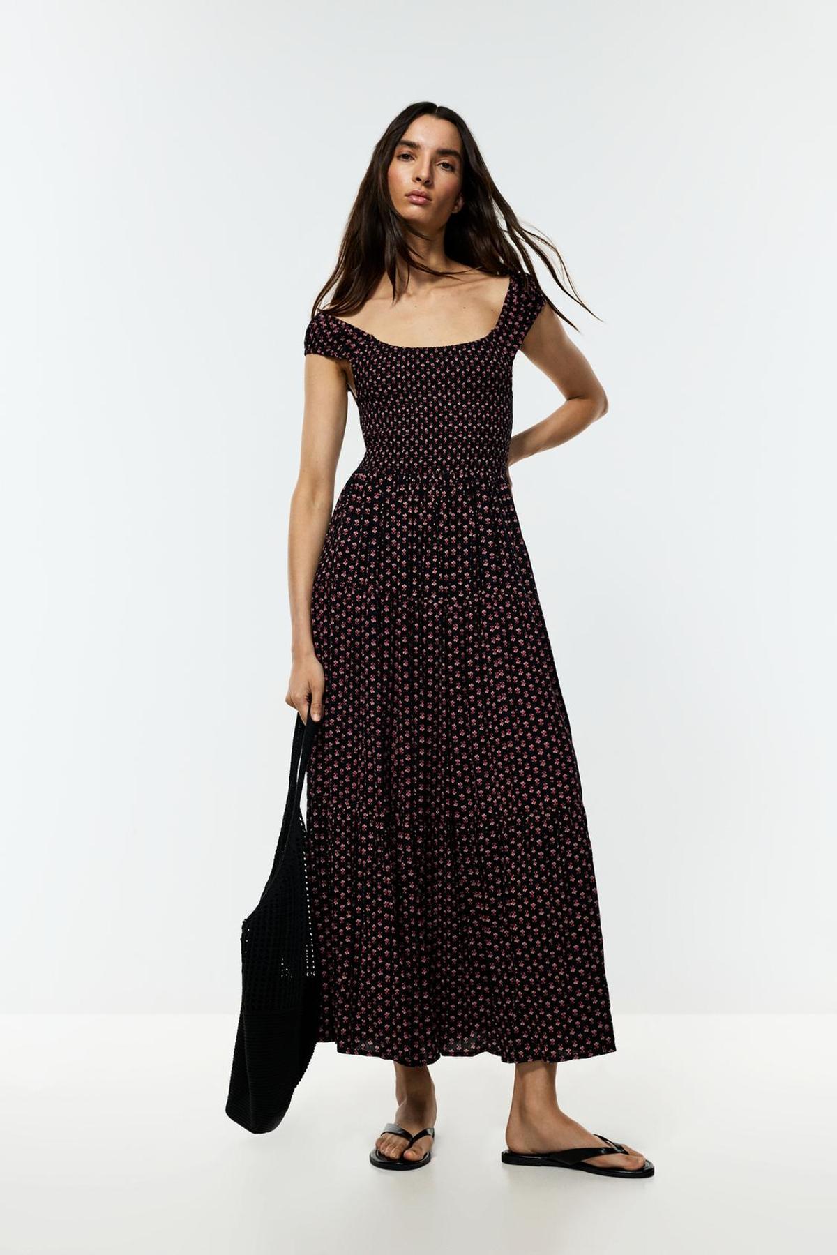 Robe midi noire imprimé nid d'abeille