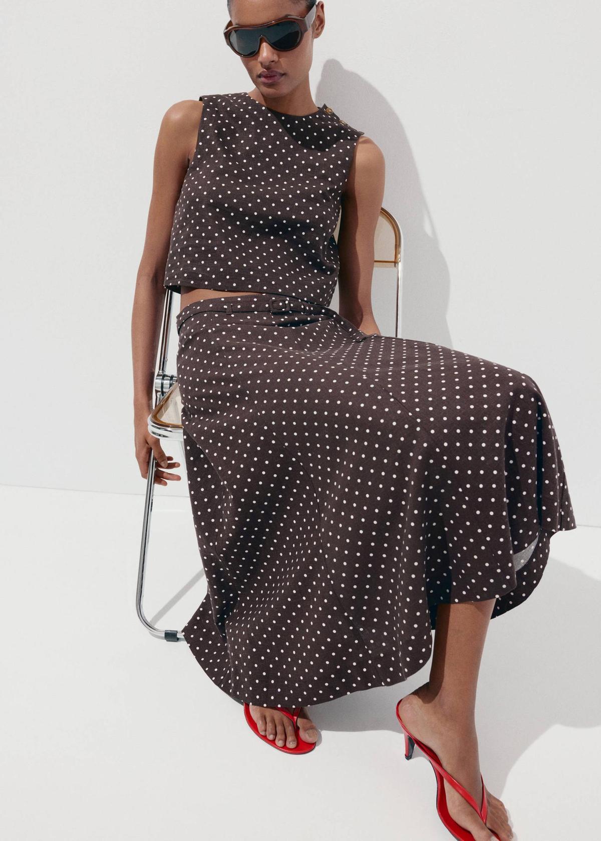 Ensemble haut midi et jupe en lin à pois