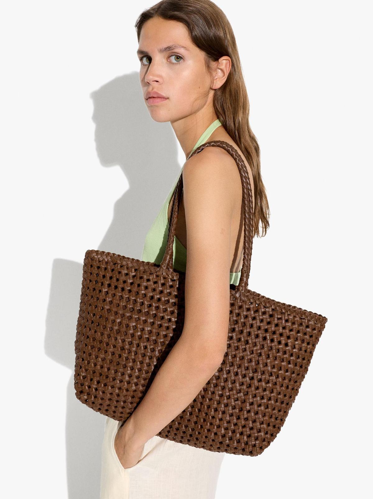 Sac cabas en cuir tressé marron