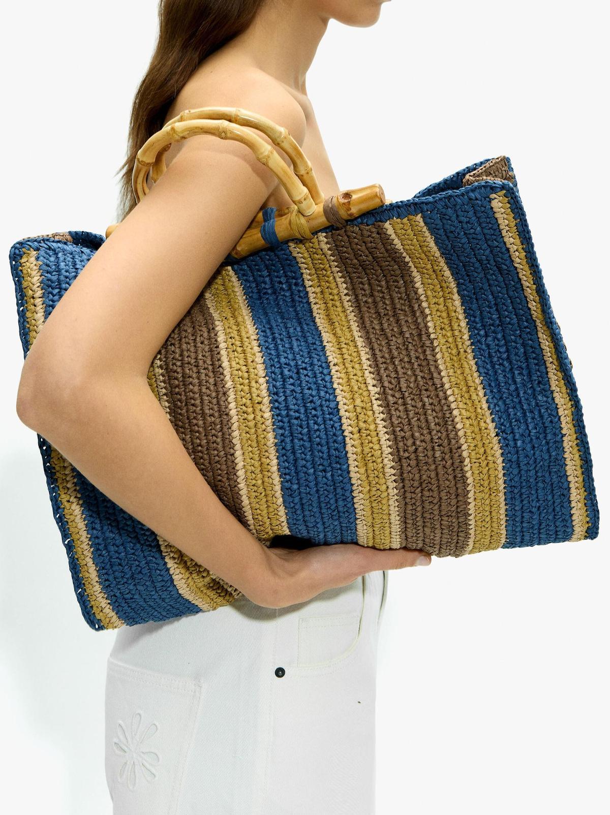 Sac shopping effet raphia rayé avec bambou
