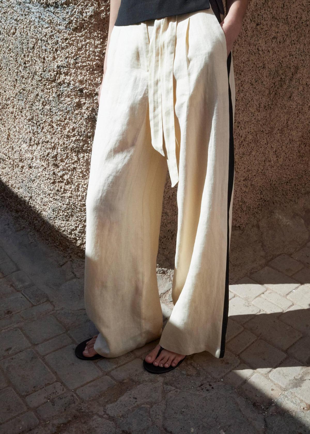 Pantalon en lin à rayures contrastées